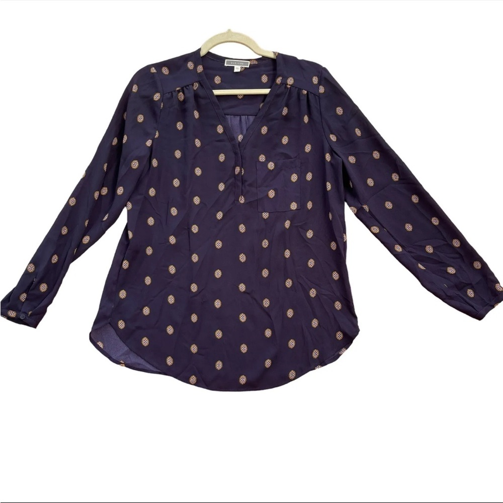 Anthropologie Pleioni Long Sleeve Blouse Top Tunic Small Navy Blue Geometric